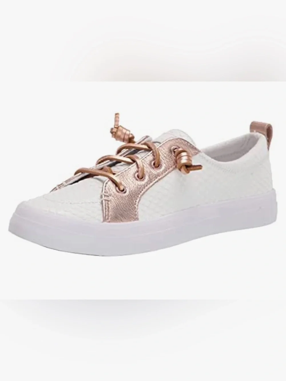 Sperry White Woven Low-Top Sneaker with Metallic Rose Accents
